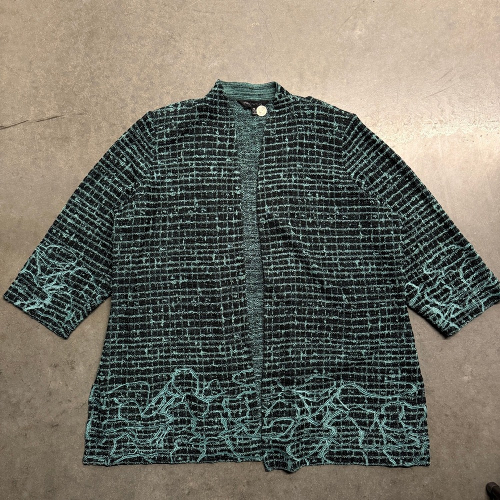 Ming Wang Teal Black Grid Knit Open Front Cardigan Jacket Swirl Detail Plus 1X